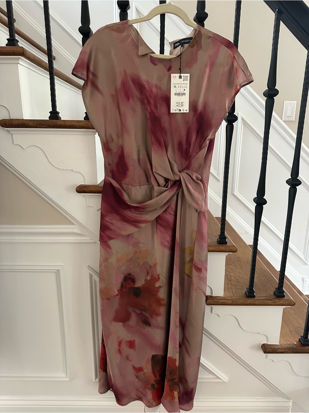 Zara Mauve & Pink Watercolor Tie-Detail Midi Dress - Picture 3 of 4